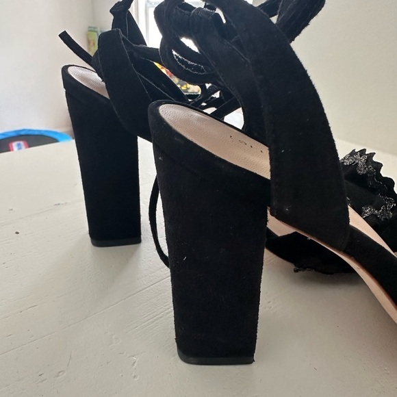 Loeffler Randall Black Suede Metallic Ruffle Toe Block Heels Lace Up size 6 - Picture 4 of 4